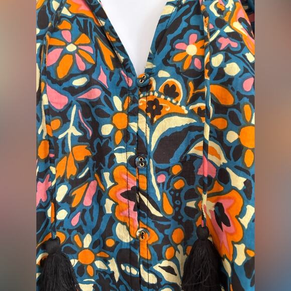 Cleobella Kaitlyn Floral Print Button Front Tassels Organic Cotton Blouse Small - Picture 5 of 16